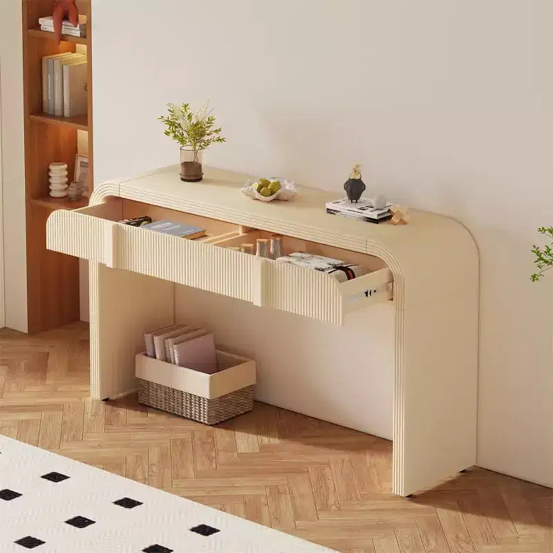 55 Modern Glossy Console Table, Rounded Sideboard Storage Cabinet with 3 Drawers, for Entryway, Living Room, Dining Room