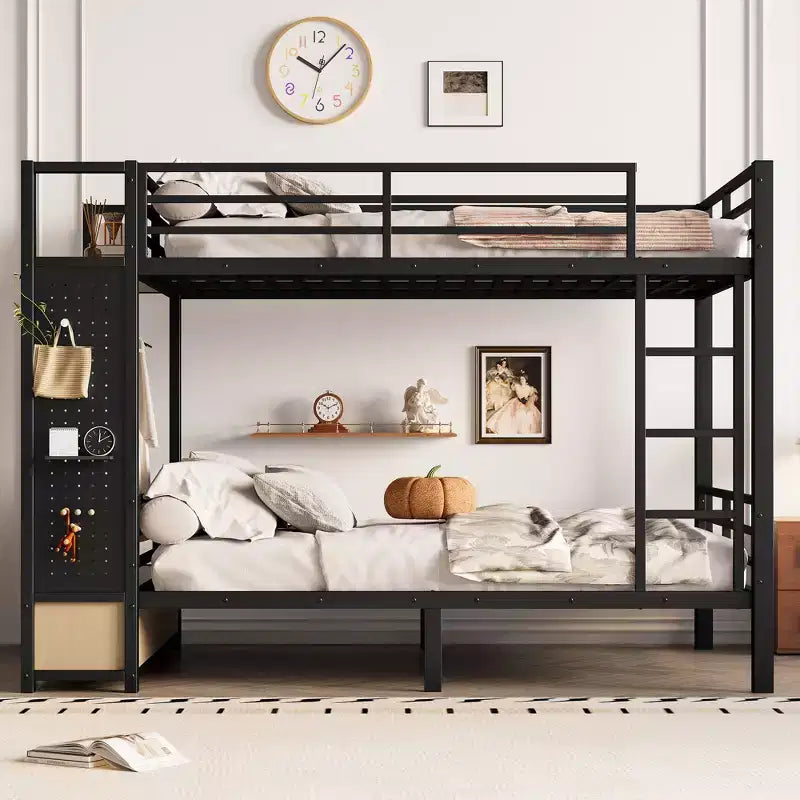 Queen over Queen size Metal Bunk Bed for Teens with Storage Shelves,Drawers and Pegboard,Black