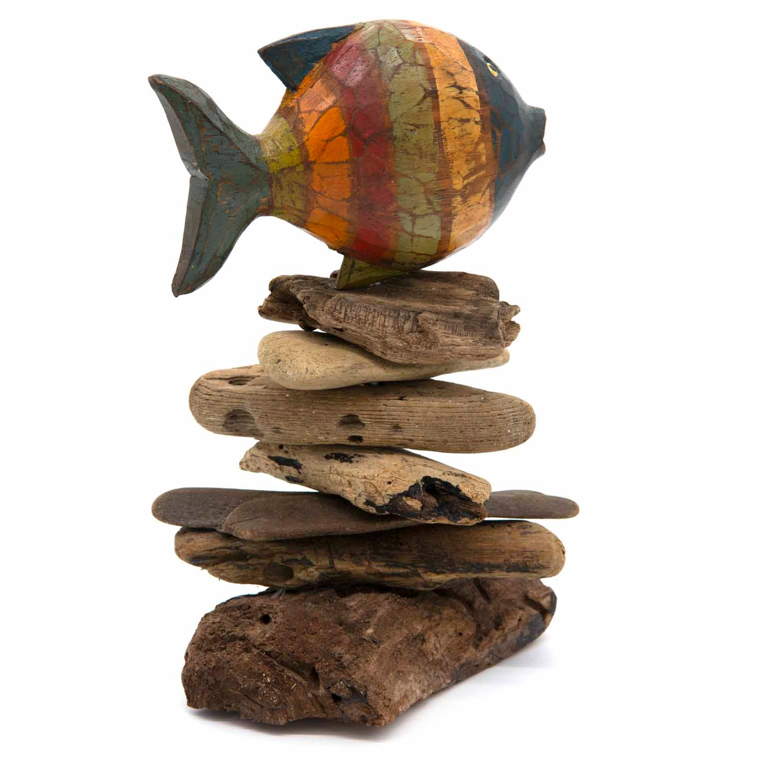 Painted Fish on Driftwood Stack