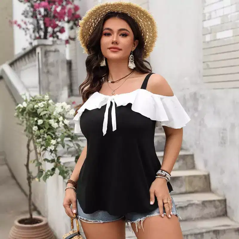 Clearlove Women's Cold Shoulder Vest Bow Design Contrast Short Ruffled Hem Flowy Loose Summer Blouses Party Holiday Shirts