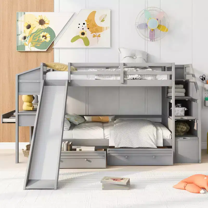 Twin over Twin Bunk Bed with Storage Staircase, Slide, Drawers & Desk