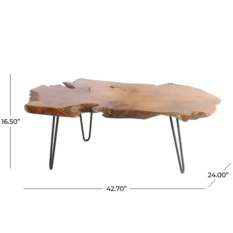 Olivia & May Teak Wood Handmade Live Edge Coffee Table with Black Metal Hairpin Legs Brown