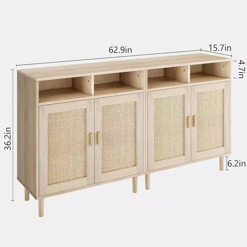 Rattan Sideboard Buffet Cabinets - 2-Door Storage with Shelf, Modern Dining Room, Coffee Bar Furniture, 36H