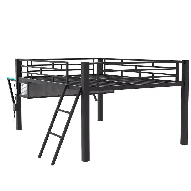 Whisen 92.8''L x 41.7''W Gaming Style Black Metal Loft Bed with Built in Desk, Ladder and Shelf