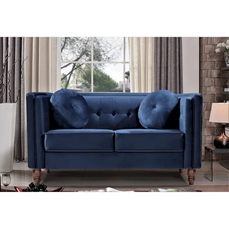 Crushed Velvet Loveseat with Button-Tufted Back and Bolster Pillows