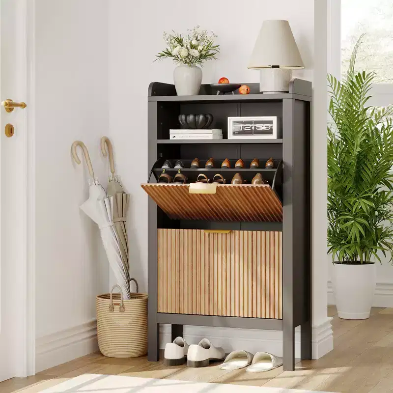 Shoe Storage Cabinet with 2 Flip Drawers, Fluted Narrow Shoe Organizer with Legs, Freestanding Hidden Cabinet for Entryway and Hallway
