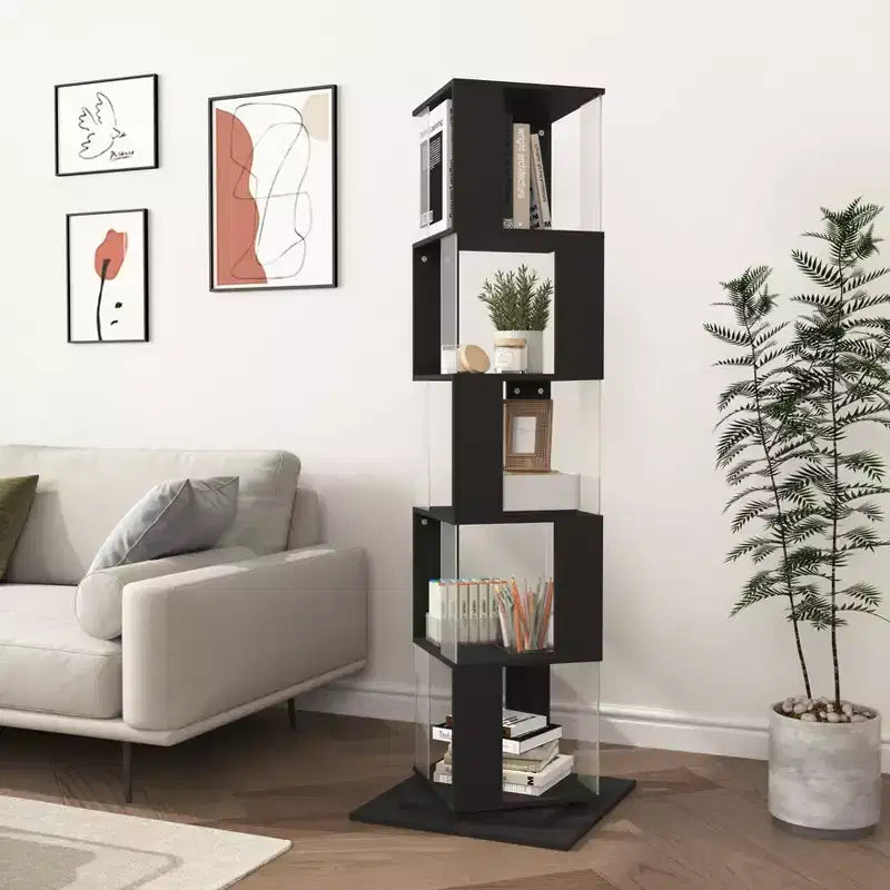 360 Rotating 5-Tier Floor-Standing Minimalist Bookcase Black Acrylic Modern Bookshelf