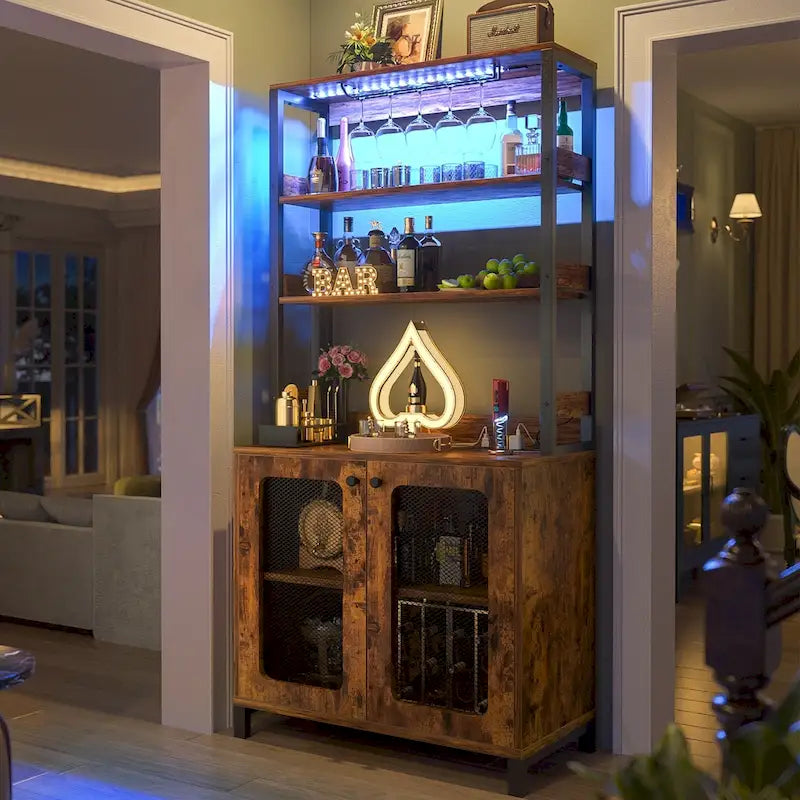 67-Inch Tall Wine Bar Cabinet with LED Lights, Glass Holder and Power Outlets