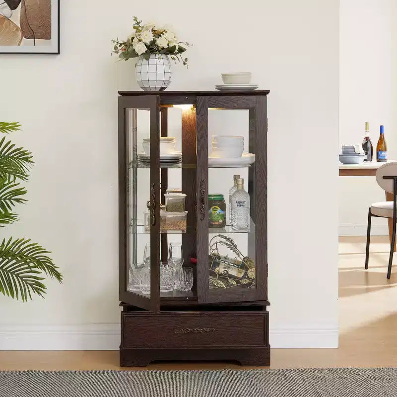 Display Cabinet, Storage Cabinet with 2 Glass Doors and 1 Drawer, Freestanding Cabinet for Living Room, Hallway, Office