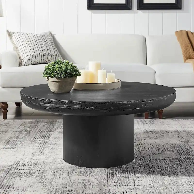35.98 Round Coffee Table with Cylindrical Leg Base, Wood Grain Veneer, Suitable for Bedroom, Living Room, Balcony, and Office