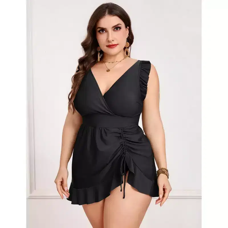 Plus Size V-Neck Ruffle Trim Drawstring Ruched One Piece Swim Dress