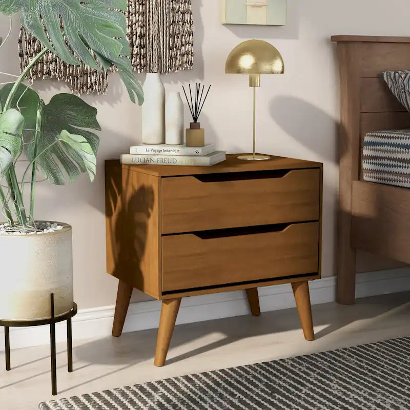 Mid-Century Modern Wood 2-Drawer Nightstand