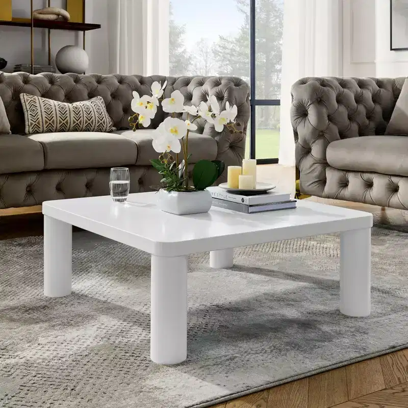 Modern Square Coffee Table with Rounded Corners, MDF Cream White Coffee Table, Easy to Assemble Living Room Center Table,Sturdy Sofa Table for Home