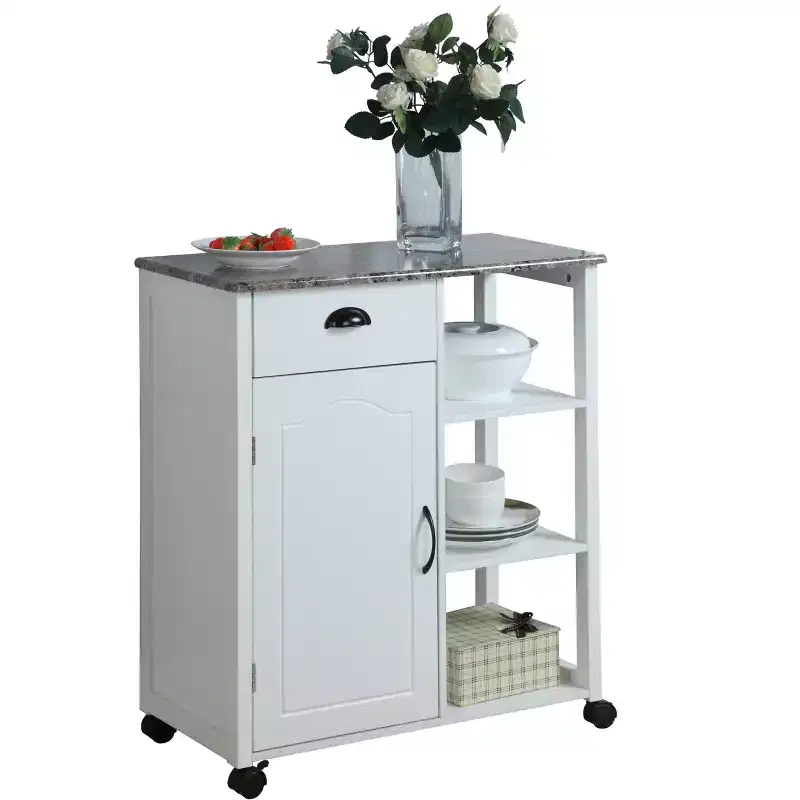 Kitchen Storage Cabinet Cart, Marble Vinyl Top, 1 Drawer, 3 Shelves, White, Casters