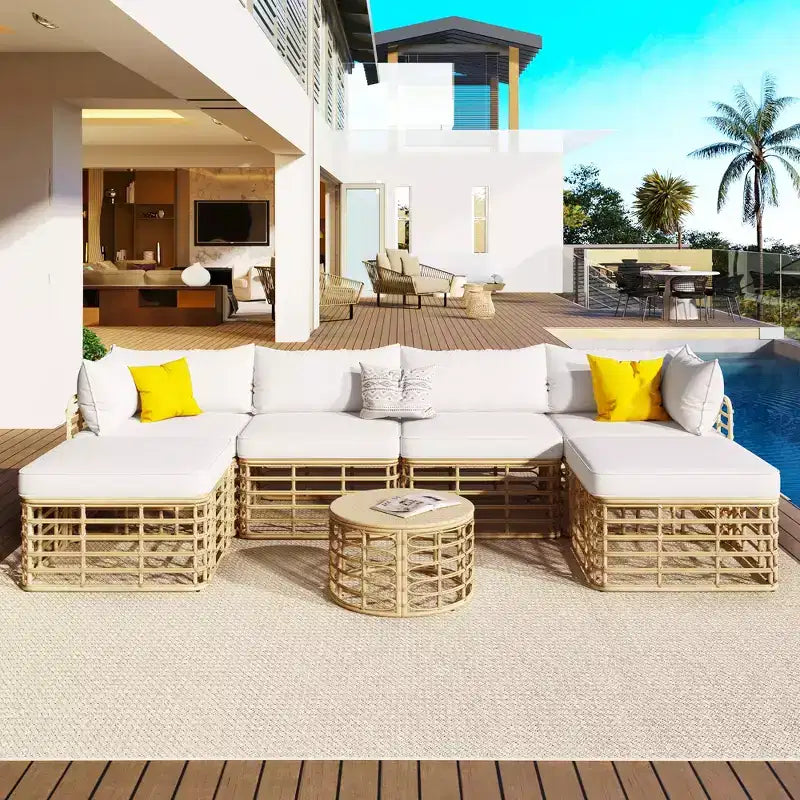 7pcs Outdoor Patio Rattan Sectional Sofa Set, Freely Combined Conversation Sets with Coffee Table 4W, Gray/Beige -ModernLuxe