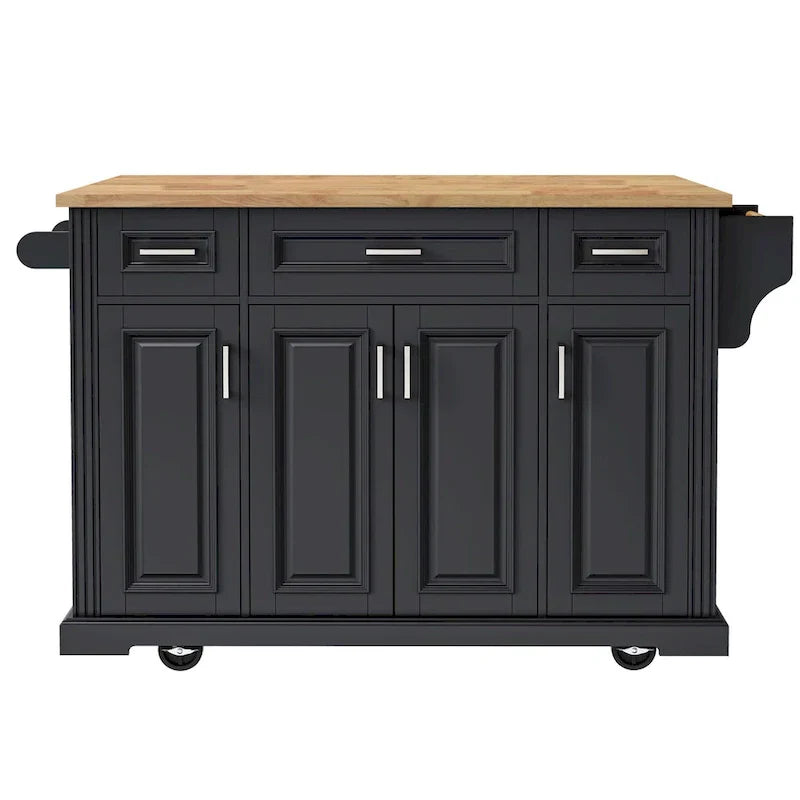 54  Large Kitchen Island with Rubber Wood Drop Leaf, Embossed Texture Rolling Kitchen Cart on 4 Wheels with 4 Doors & 3 Drawers