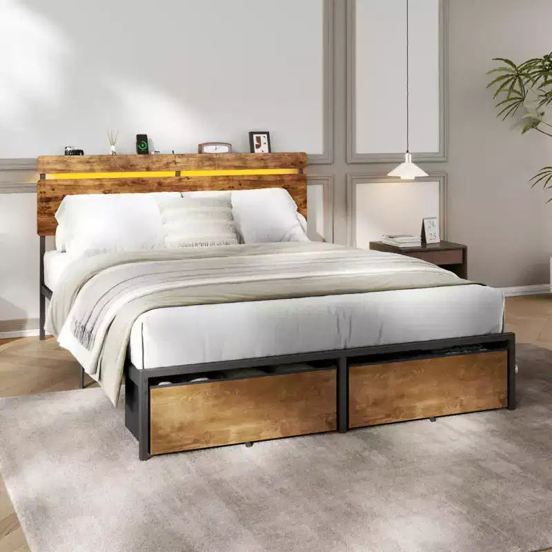Queen Size Metal Platform Bed Frame with Storage Headboard Shelf 2 Drawers LED Lights Charging Station Vintage Brown Wood No Box Spring Needed