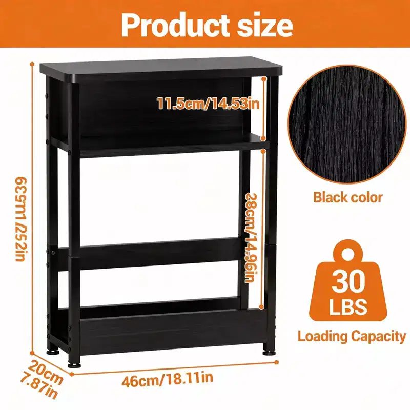 3 Tier Industrial Side Table for Small Spaces, Narrow Wood End Table with Storage Shelves, Slim Nightstand Bedside Furniture