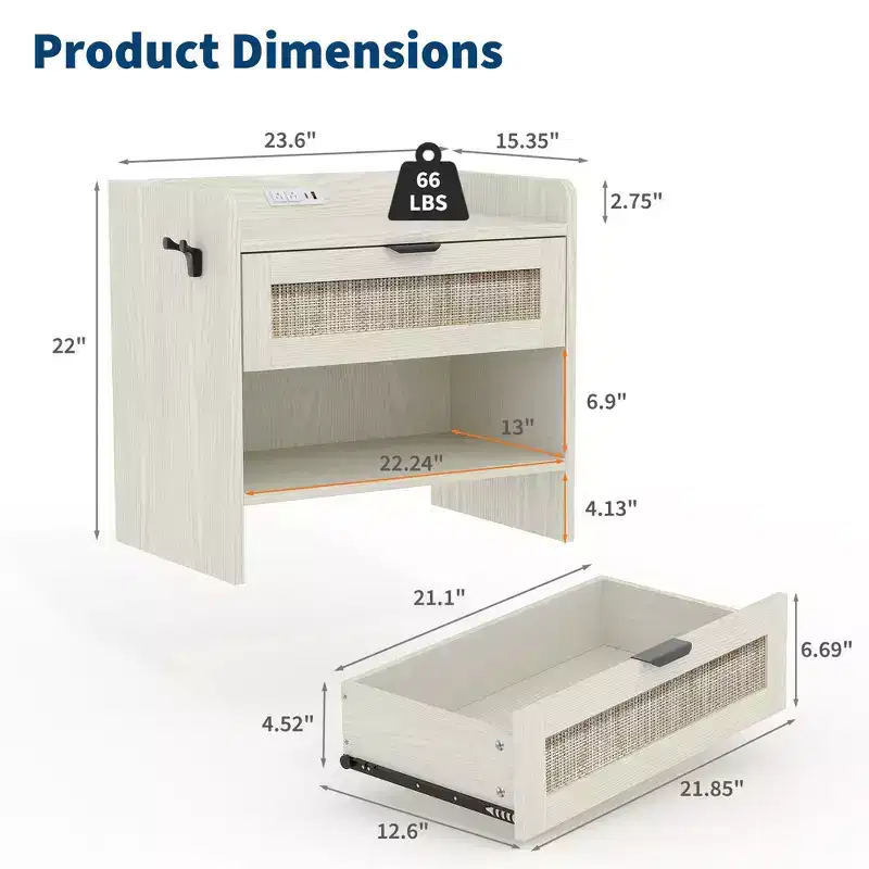 Rattan Nightstand, Bedside Table, 1 Storage Drawer & Open Storage Space, Boho End Table Side Table for Bedroom Living Room Office, Large Night Stand