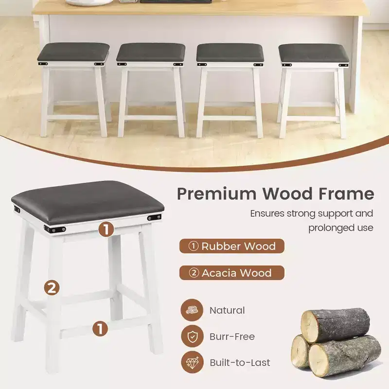 Costway 24'' Dining Bar Stool Set of 2 Counter Height Padded Seat Wood Frame Kitchen Brown/White