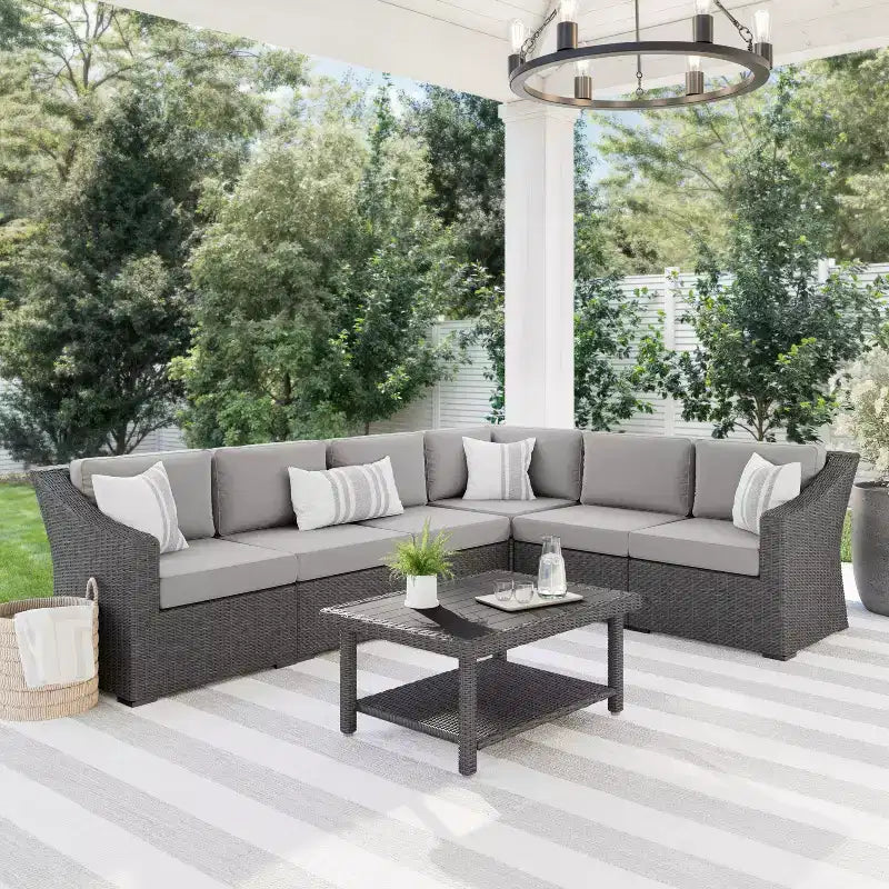 Martha Stewart Bedford Indoor-Outdoor Modular Patio 6-Seat Sectional Sofa in Rattan Wicker with All-Weather Cushions