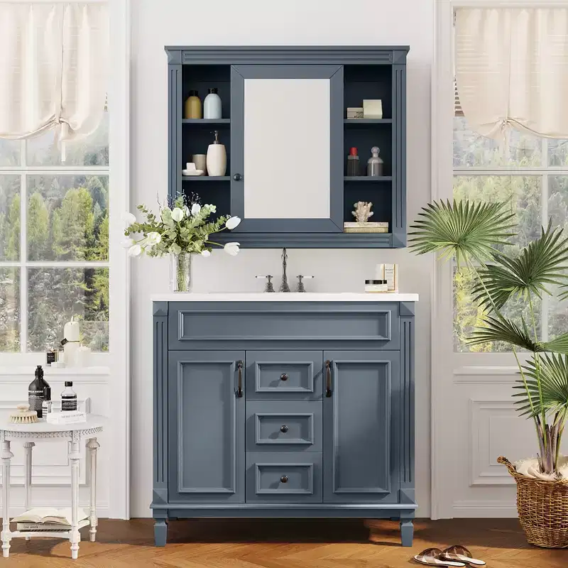 GDFStudio Huxley 36'' Modern Bathroom Vanity with Ceramic Sink, Mirror Cabinet and 2 Drawers