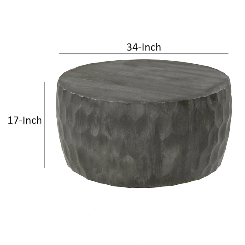 33 Inch Wooden Round Drum Coffee Table with Geometric Carved Pattern, Gray