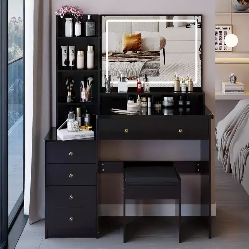 41-Inch Natural Makeup Vanity Desk with Touch-Control LED Mirror, Cabinet Storage, Side Cabinet and Matching Stool for Bedroom