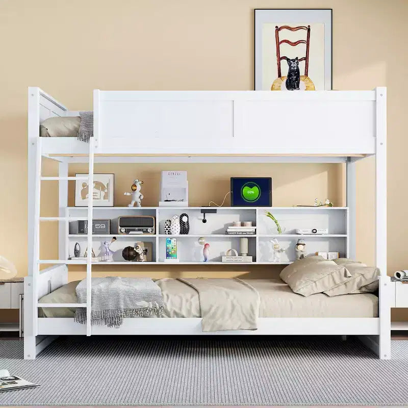 Twin XL/Full XL Over Queen Bunk Bed with Storage Cabinets and USB Ports, Sturdy Pine Wood Construction - ModernLuxe