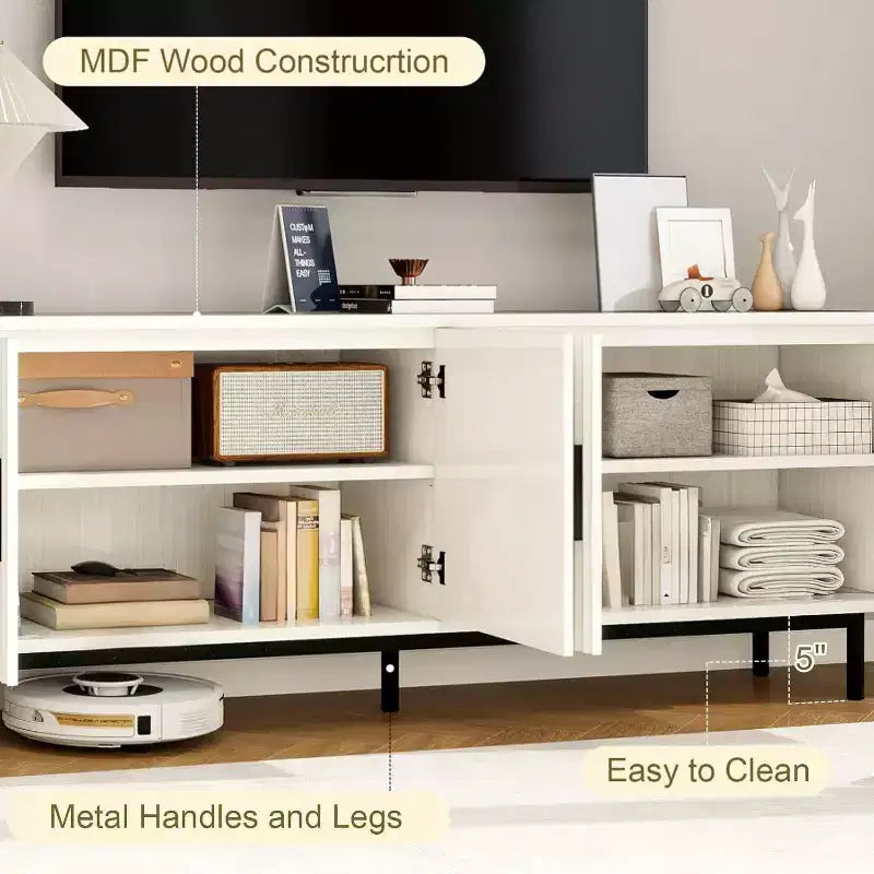 Dyonery 70 Fluted TV Stand, Entertainment Center with Storage Adjustable Shelf, Modern TV Console for Living Room and Bedroom, White