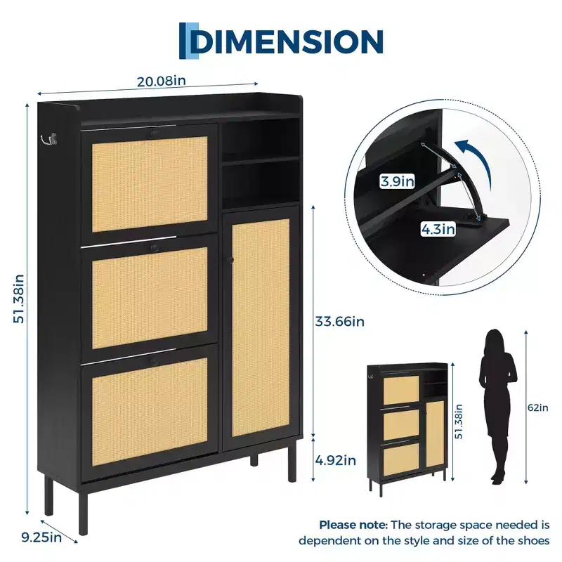 Freestanding Rattan Shoe Cabinet – 3 Flip Drawers & 5-Tier Shelves, Entryway Organizer