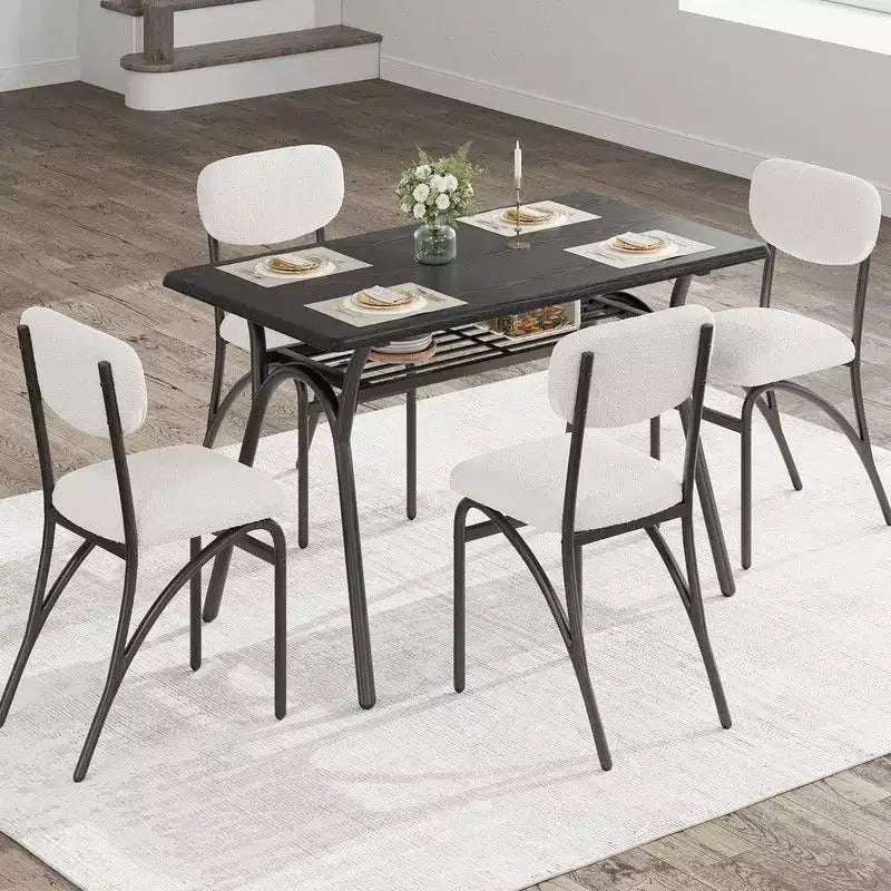 Coolmee 5-Piece Dining Table Set for 4, Kitchen Table with 4 Boucle Chairs, Rectangular Dining Table with Storage Shelf and Marble Tabletop