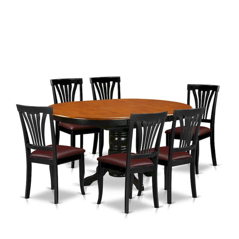 7 Piece Kitchen Table Set- A Round Dining Room Table and 6 Dining Chairs, Black & Cherry (Seat Options)