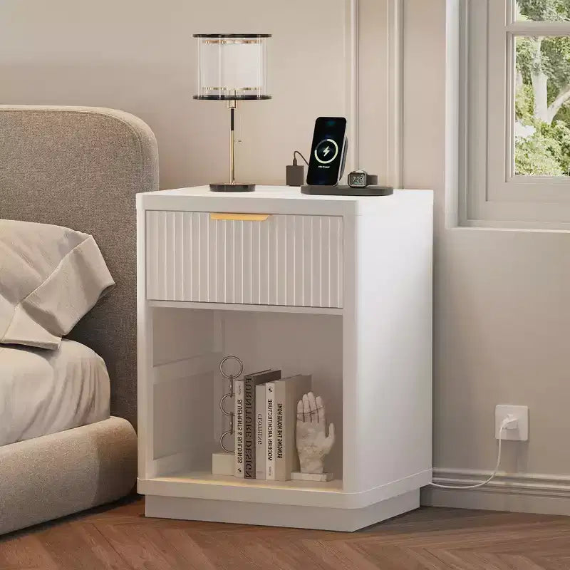 Fluted Nightstand with Charging Station and Drawers