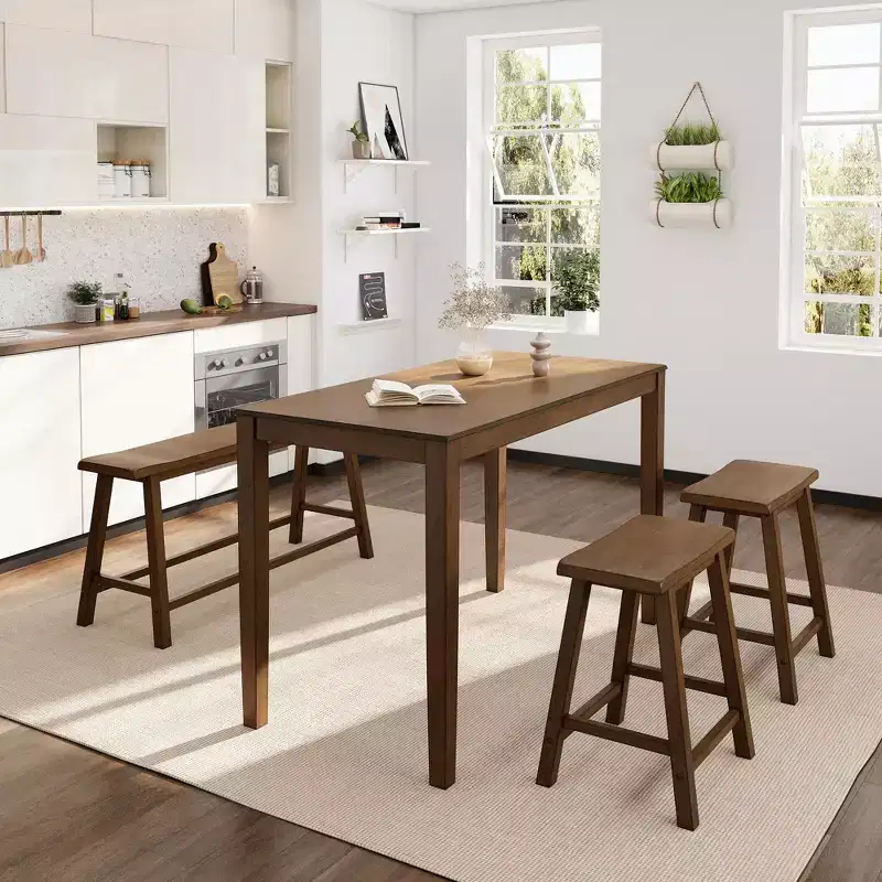 Captiva Designs 4 Piece Wood Dining Table Set with Rectangular Dining Table & Stools & Bench