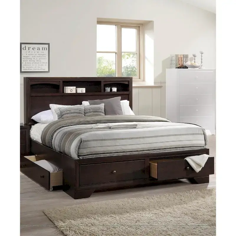 Dark Brown King Size Wooden Bed Frame with Display Shelves and Under-Bed Drawers – Mattress Not Included