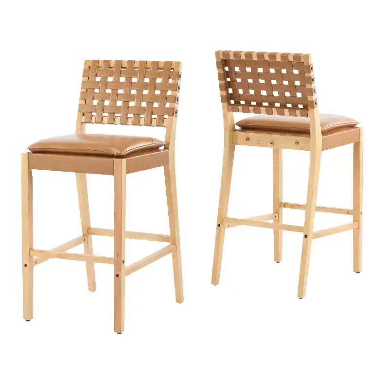 ModernLuxe Rubberwood Barstool, 2 pcs PU Upholstered Dining Chairs with Footrest, Natural Finished Frame with Brown Upholstery