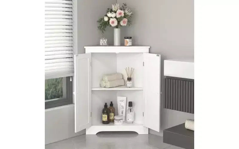 Floor Corner Cabinet with 2 Doors and Adjustable Shelves, Freestanding Storage Organizer, White
