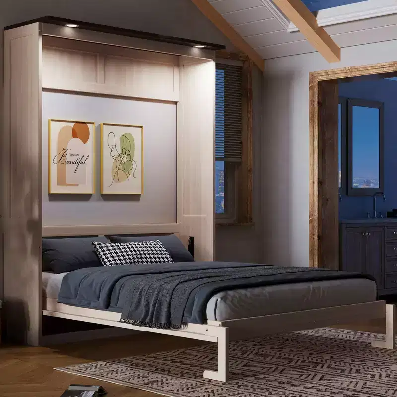 Queen Size Murphy Bed, Wooden Queen Cabinet Bed Wall Bed with LED Light, Folding Wall Chest Bed with for Guest Room, Beige