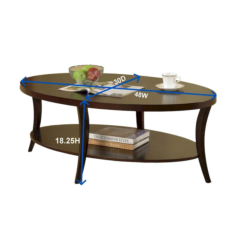 Oval Birch Wood Veneer Coffee Table with Lower Shelf
