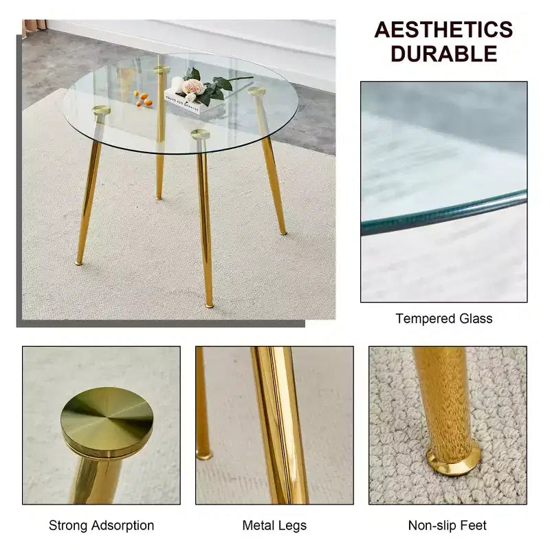 Round Glass Dining Table, 40 Inch Modern Minimalist Circular Dining Table With Gold Plated Metal Legs for Kitchen Dining Room, Golden