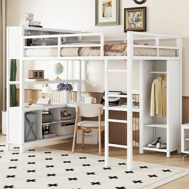 Off-White Metal Loft Bed with Desk and Wardrobe - Full Size