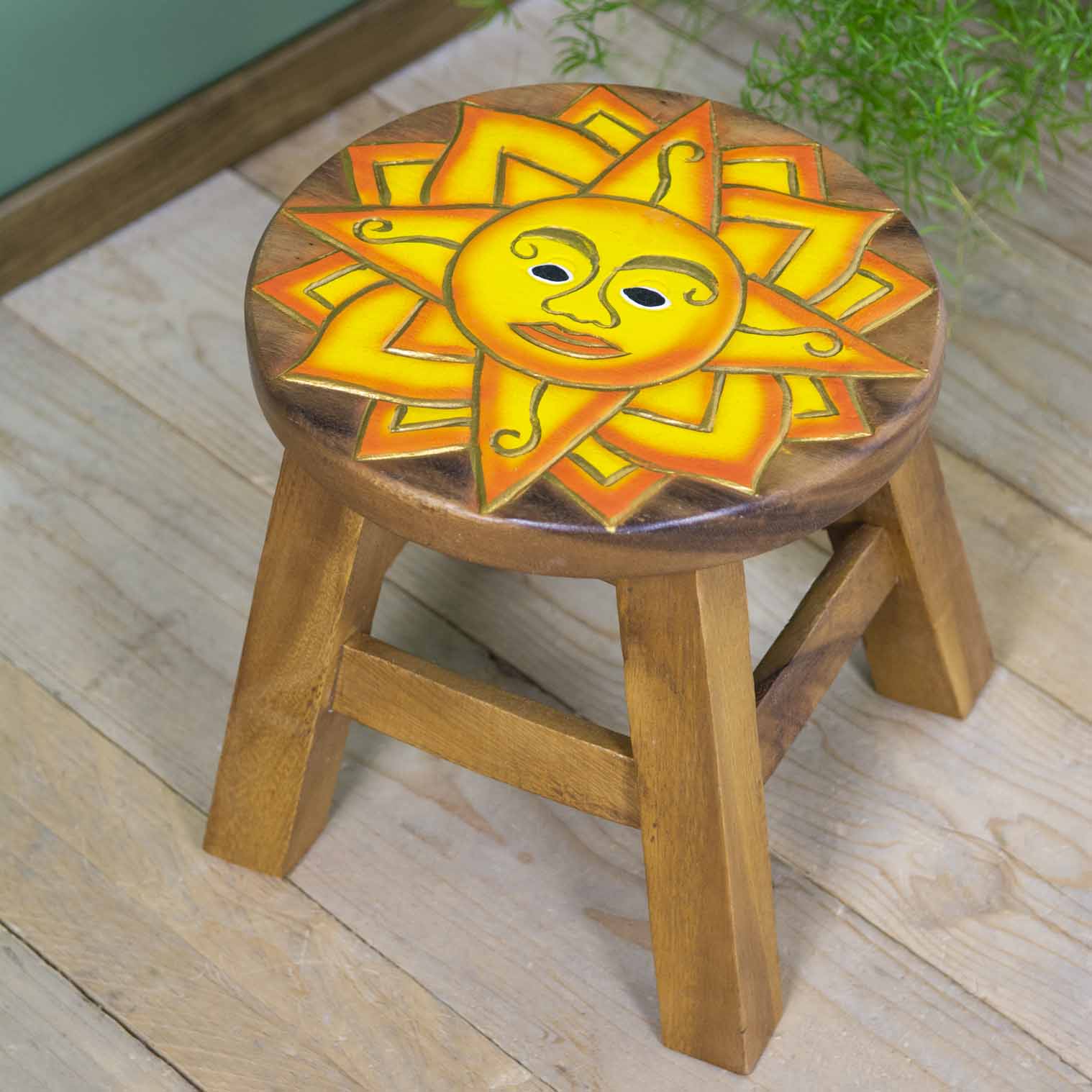 Sun Face Carved Raintree Wood Stool