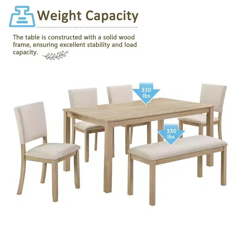 Fen Modern 6-Piece Dining Set with Wooden Rectangular Table, 1 Bench, and 4 Linen Upholstered Chairs