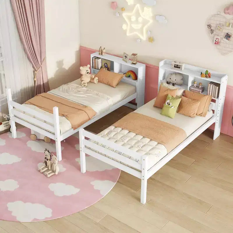MAYEERTY Twin Bunk Bed with Shelves Headboard Sofety Guardrails and Ladder Cinvertible to 2 Beds for Bedroom White