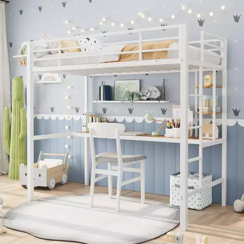 Twin Size Loft Bed with Large Desk and Storage Shelves, Heavy Duty Metal Loft Bed with Safety Guardrail and Ladder, Steel Slats Support, Space Saving