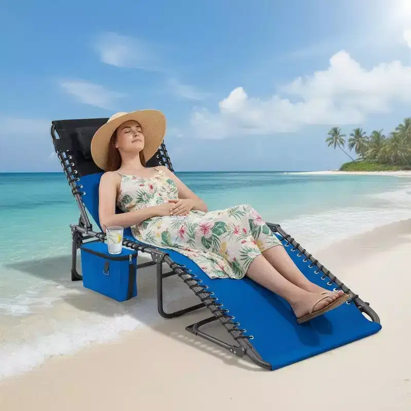 5-Position Adjustable Chaise Lounge - 75 Outdoor Sun Tanning Chair with Pillow & Side Pocket, Portable Folding Recliner for Beach(1-Pack)