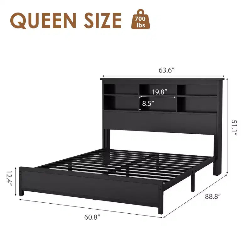 Bed Frame with 2 Tier Bookcase Storage and High Headboard, No Box Spring Needed Easy Assemble Black Mattress Frame