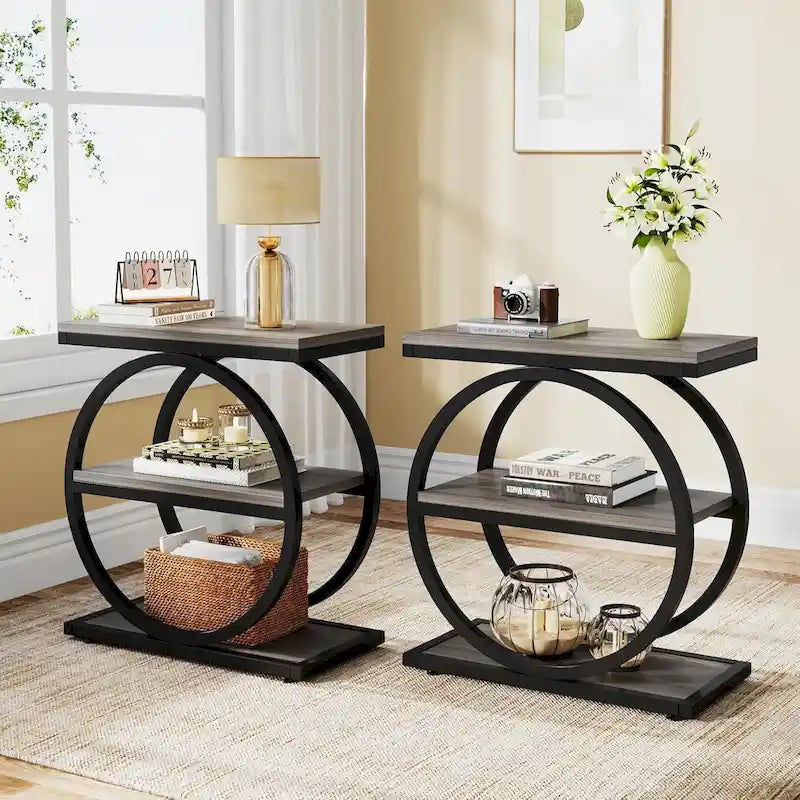 Narrow End Table with 3 Storage Shelves, Wood Side Table for Living Room