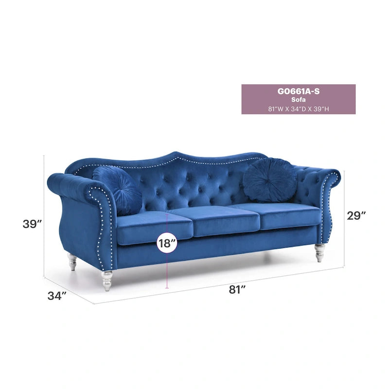 82 in. Velvet Chesterfield 3-Seater Sofa with Tufted Back and Nailhead Trim